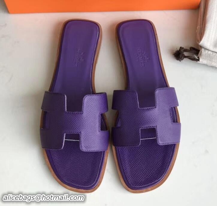 Durable Hermes Oran Flat slippers in epsom leather Violet with brown piping H701043