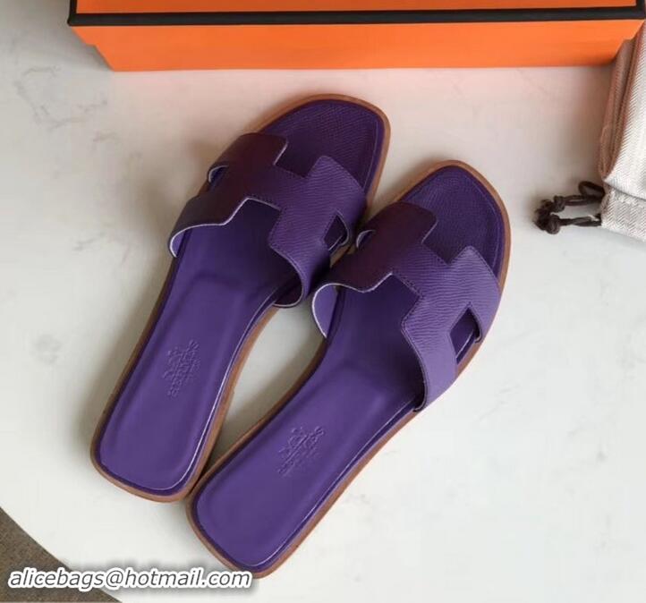 Durable Hermes Oran Flat slippers in epsom leather Violet with brown piping H701043