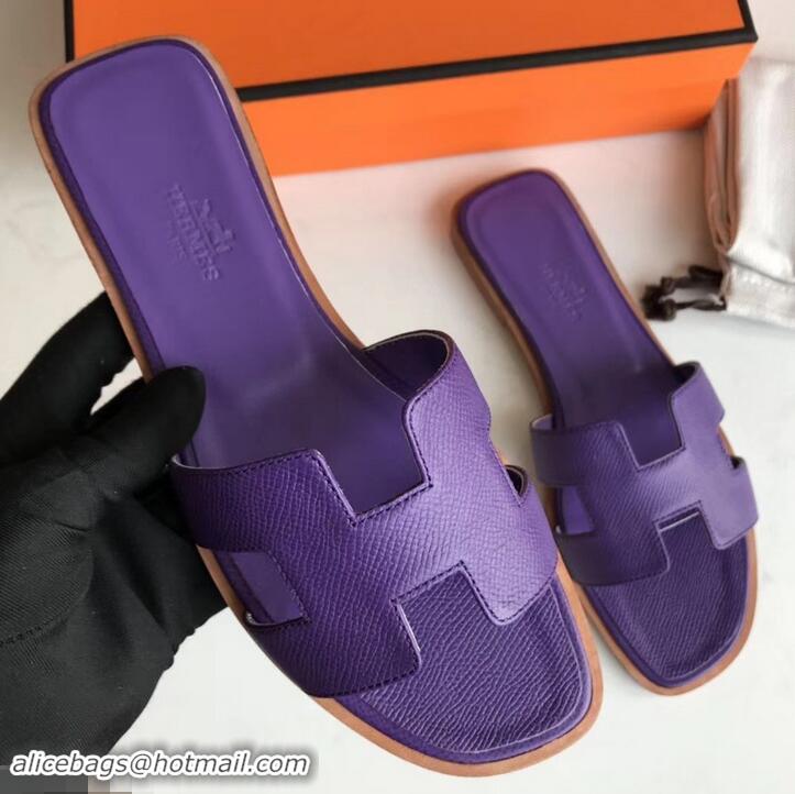 Durable Hermes Oran Flat slippers in epsom leather Violet with brown piping H701043