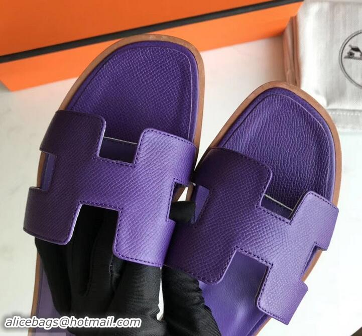 Durable Hermes Oran Flat slippers in epsom leather Violet with brown piping H701043