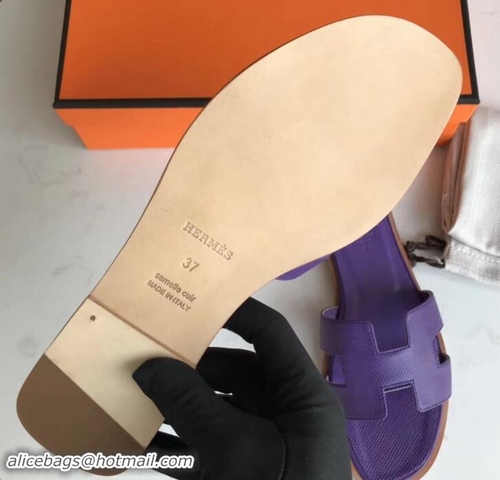 Durable Hermes Oran Flat slippers in epsom leather Violet with brown piping H701043