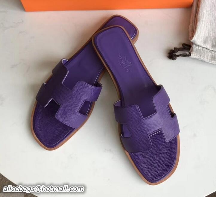 Durable Hermes Oran Flat slippers in epsom leather Violet with brown piping H701043