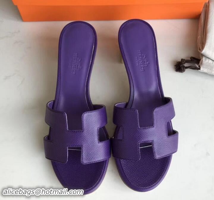 Good Product Hermes Heel 5cm Oasis Slipper Sandals in epsom Leather violet H701044