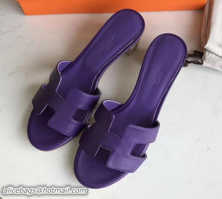 Good Product Hermes Heel 5cm Oasis Slipper Sandals in epsom Leather violet H701044