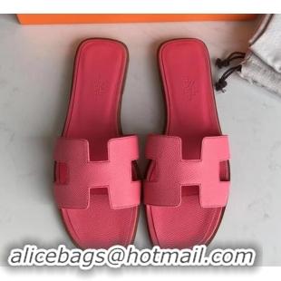 Best Product Hermes Oran Flat slippers in epsom leather peach pink with brown piping H701045