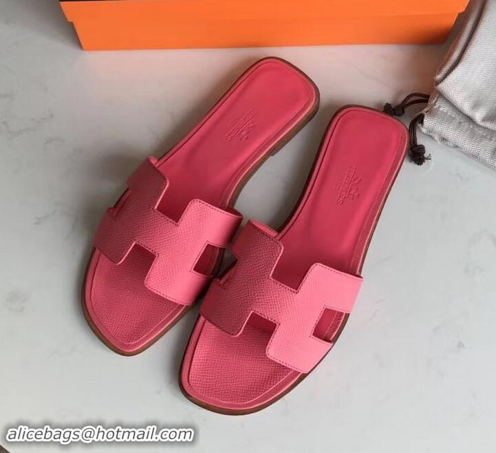 Best Product Hermes Oran Flat slippers in epsom leather peach pink with brown piping H701045