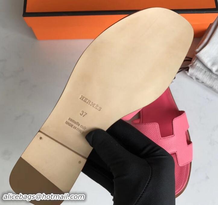 Best Product Hermes Oran Flat slippers in epsom leather peach pink with brown piping H701045