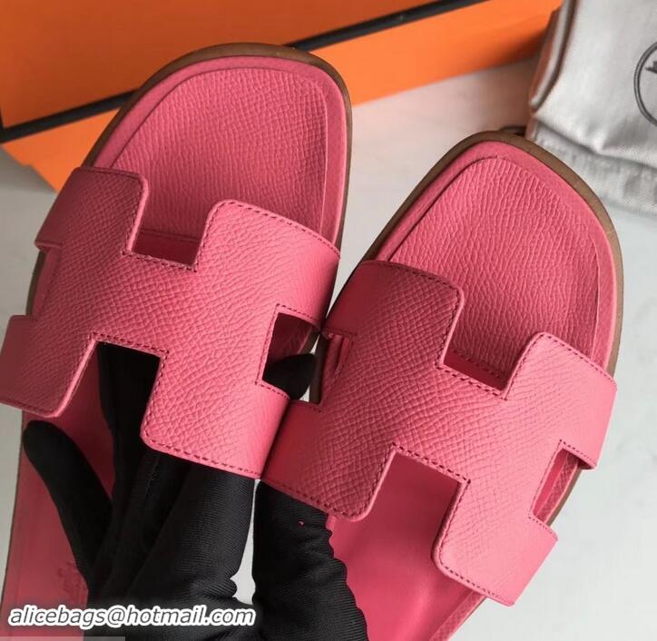 Best Product Hermes Oran Flat slippers in epsom leather peach pink with brown piping H701045