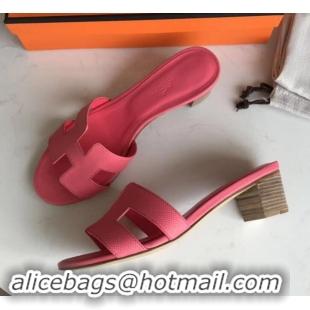 Fashion Luxury Hermes Heel 5cm Oasis Slipper Sandals in epsom Leather peach pink H701047