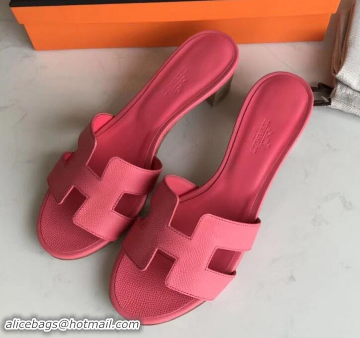 Fashion Luxury Hermes Heel 5cm Oasis Slipper Sandals in epsom Leather peach pink H701047