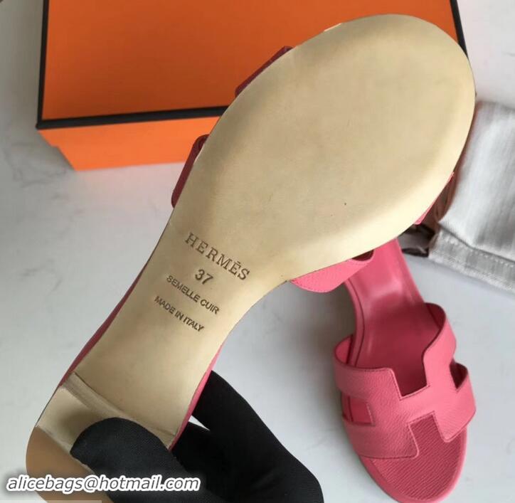 Fashion Luxury Hermes Heel 5cm Oasis Slipper Sandals in epsom Leather peach pink H701047