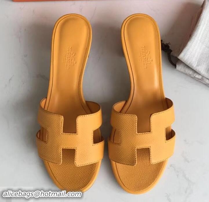 Stylish Hermes Heel 5cm Oasis Slipper Sandals in epsom Leather yellow H701050