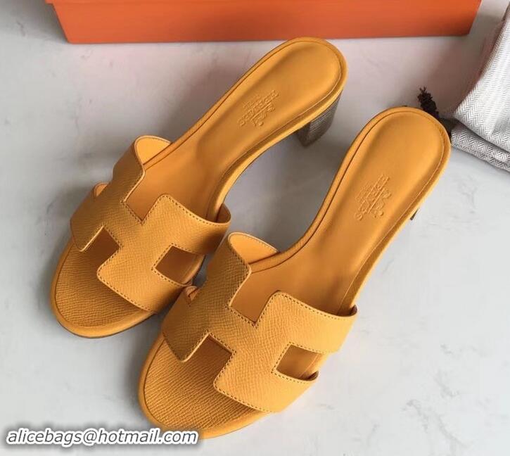 Stylish Hermes Heel 5cm Oasis Slipper Sandals in epsom Leather yellow H701050