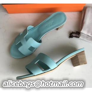 Hot Style Hermes Heel 5cm Oasis Slipper Sandals in epsom Leather light blue H701051