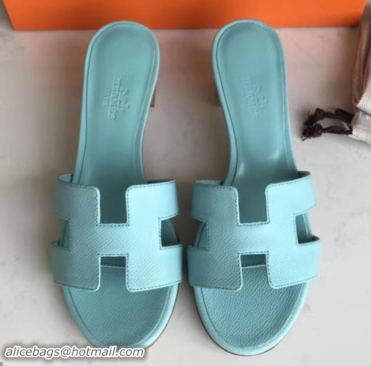 Hot Style Hermes Heel 5cm Oasis Slipper Sandals in epsom Leather light blue H701051