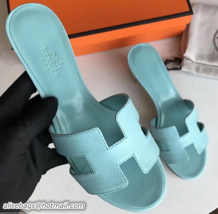 Hot Style Hermes Heel 5cm Oasis Slipper Sandals in epsom Leather light blue H701051