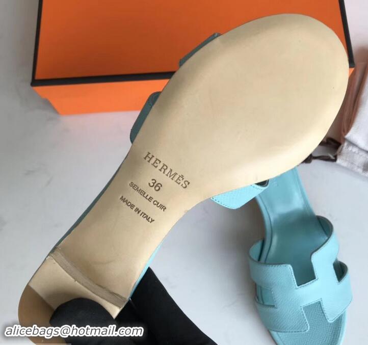 Hot Style Hermes Heel 5cm Oasis Slipper Sandals in epsom Leather light blue H701051