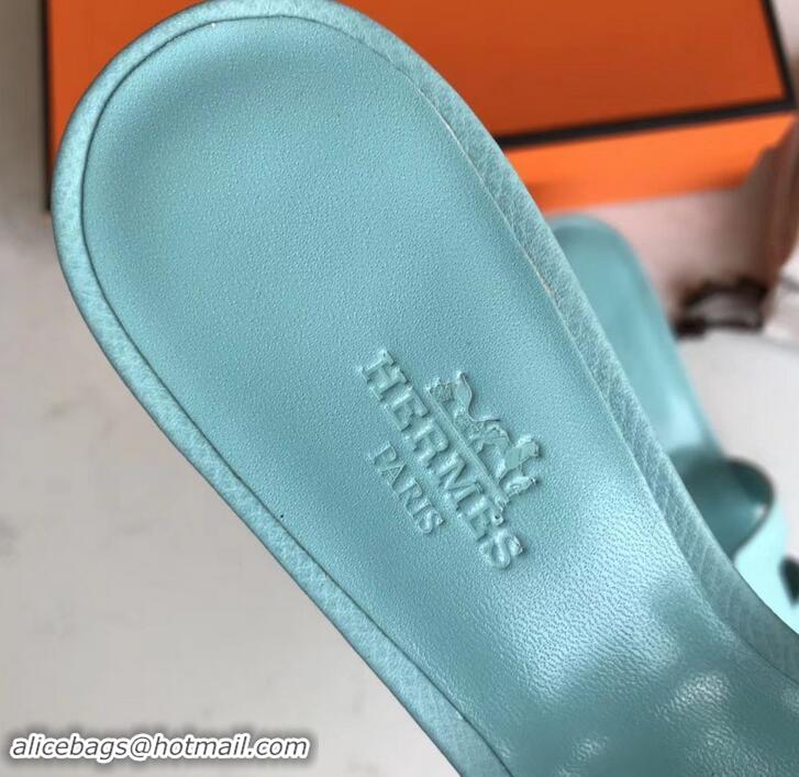 Hot Style Hermes Heel 5cm Oasis Slipper Sandals in epsom Leather light blue H701051