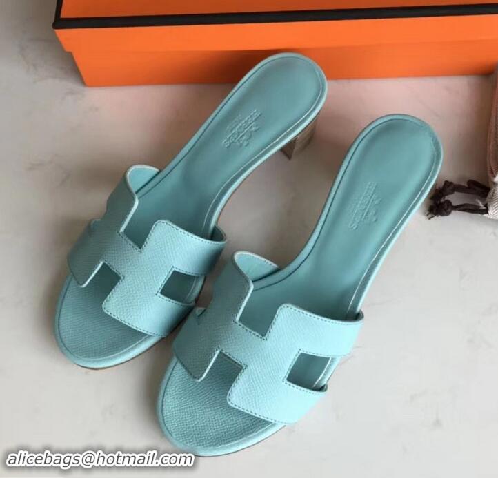 Hot Style Hermes Heel 5cm Oasis Slipper Sandals in epsom Leather light blue H701051