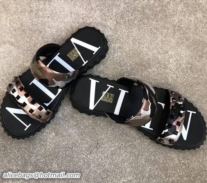 Sophisticated Valentino VLTN Neoprene Men's Double Strap Sandals Camo H701061 Pink Gold