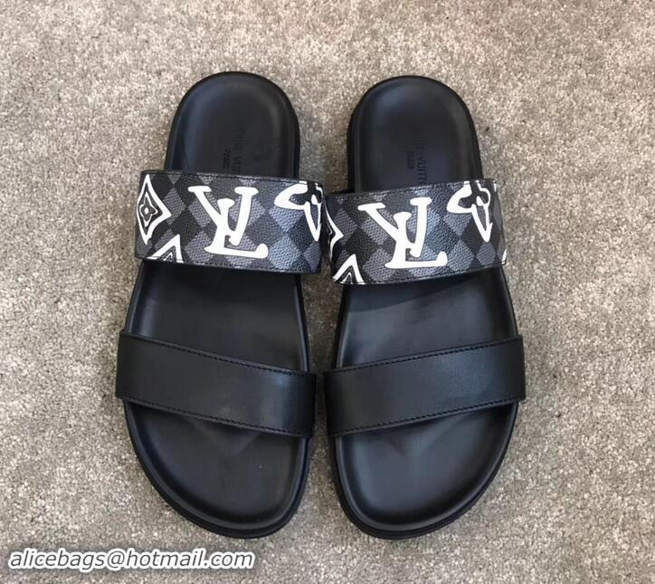 Cheap Price Louis Vuitton Men's Double Strap Mules Logo Print Black LV714019