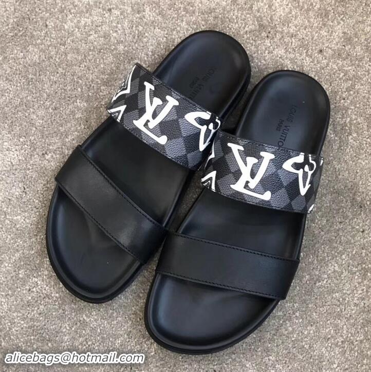 Cheap Price Louis Vuitton Men's Double Strap Mules Logo Print Black LV714019