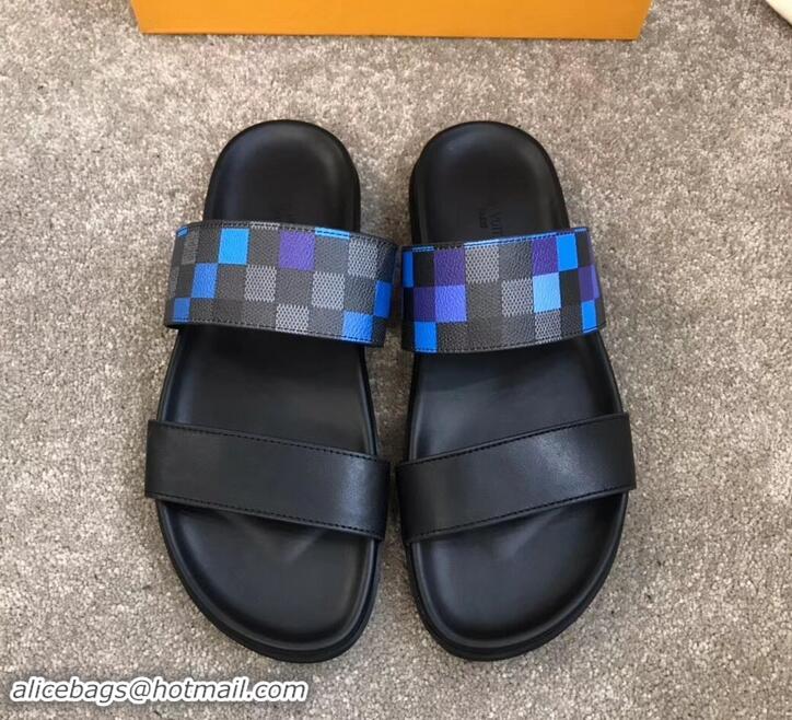 Elegant Louis Vuitton Men's Double Strap Mules Damier Graphite Pixel Canvas LV714020 Blue