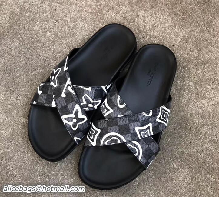 Sumptuous Louis Vuitton Men's Crossover Mules Logo Print LV714024 Black