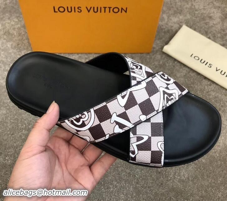 Stylish Louis Vuitton Men's Crossover Mules Logo Print LV714024 Beige