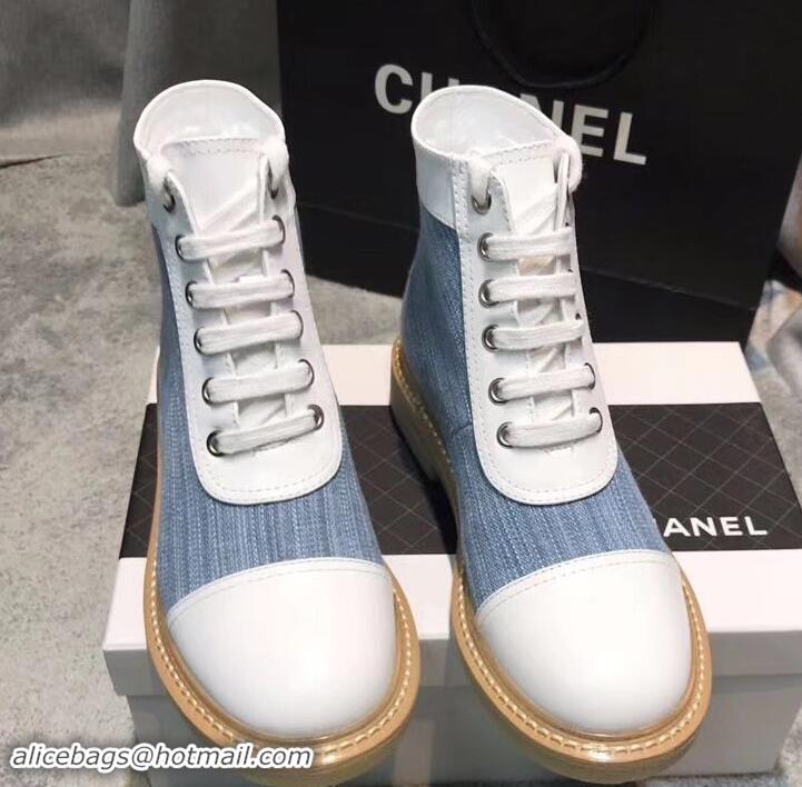 Best Quality Chanel Vintage Logo Lace-Ups Sneakers C714062 White/Blue