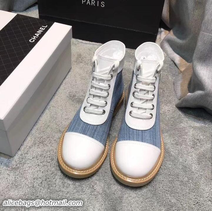 Best Quality Chanel Vintage Logo Lace-Ups Sneakers C714062 White/Blue