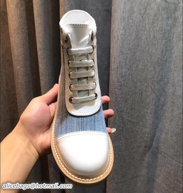 Best Quality Chanel Vintage Logo Lace-Ups Sneakers C714062 White/Blue