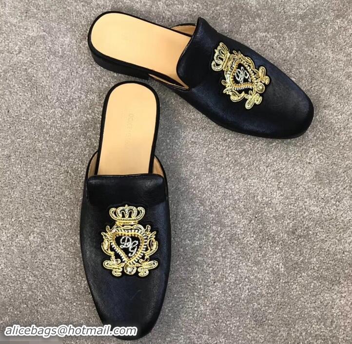 Affordable Price Dolce & Gabbana Velvet Men's Open-back Slippers 525753 Black/Gold