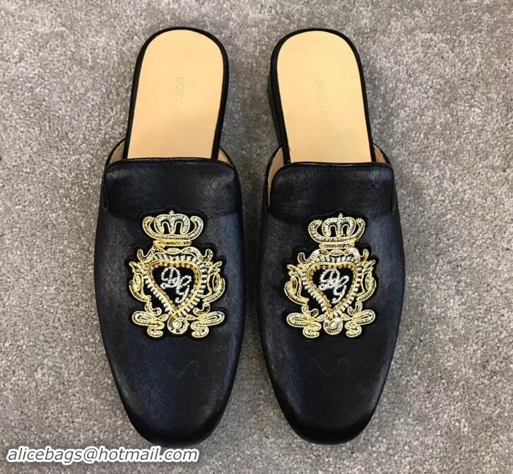 Affordable Price Dolce & Gabbana Velvet Men's Open-back Slippers 525753 Black/Gold