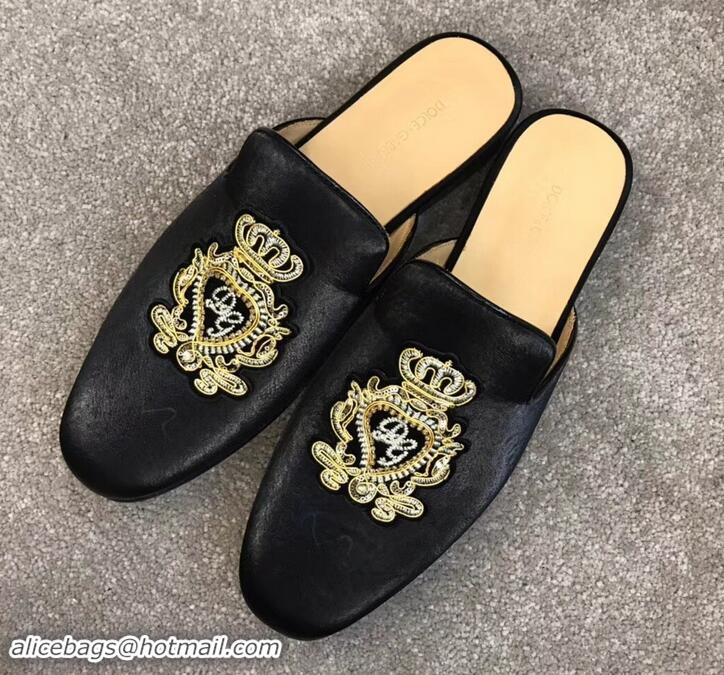 Affordable Price Dolce & Gabbana Velvet Men's Open-back Slippers 525753 Black/Gold