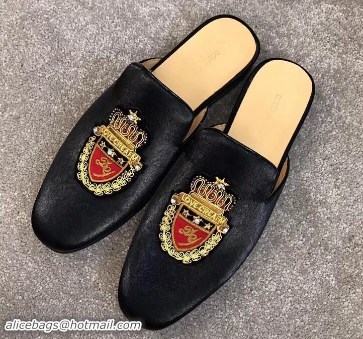 Classic Practical Dolce & Gabbana Velvet Men's Open-back Slippers 525753 Black/Gold/Red