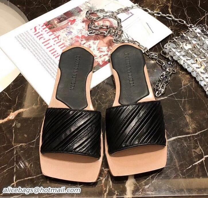 Good Quality Bottega Veneta Square Tot Flat Slides Sandals Folded Leather 525761 Black 2019