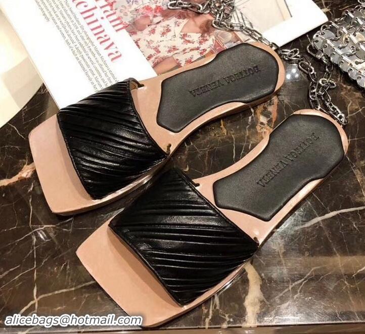 Good Quality Bottega Veneta Square Tot Flat Slides Sandals Folded Leather 525761 Black 2019