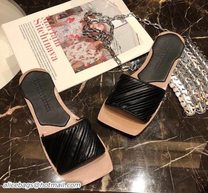 Good Quality Bottega Veneta Square Tot Flat Slides Sandals Folded Leather 525761 Black 2019