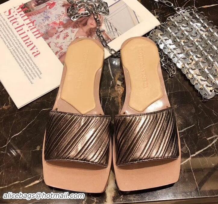 Trendy Design Bottega Veneta Square Tot Flat Slides Sandals Folded Leather 525761 Gun Color 2019