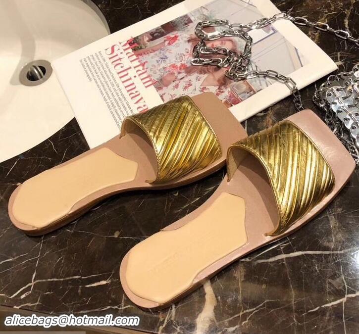 Grade Quality Bottega Veneta Square Tot Flat Slides Sandals Folded Leather 525761 Gold 2019