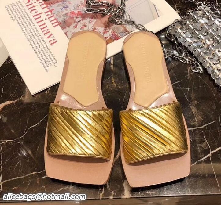 Grade Quality Bottega Veneta Square Tot Flat Slides Sandals Folded Leather 525761 Gold 2019