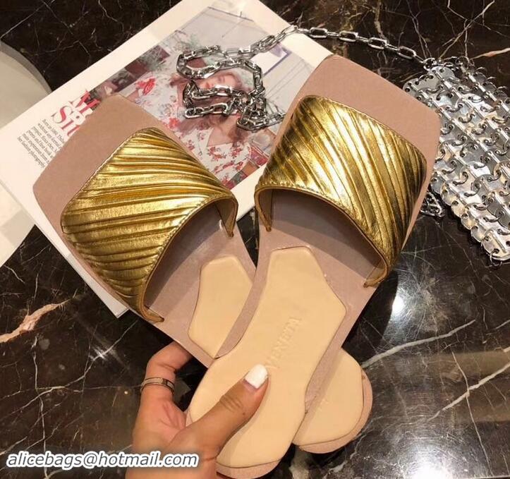 Grade Quality Bottega Veneta Square Tot Flat Slides Sandals Folded Leather 525761 Gold 2019