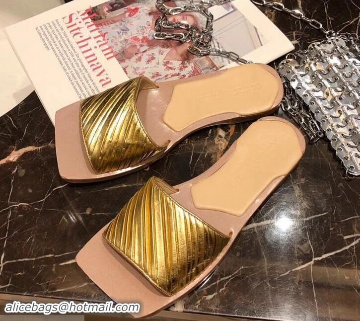 Grade Quality Bottega Veneta Square Tot Flat Slides Sandals Folded Leather 525761 Gold 2019