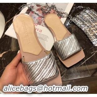 Pretty Style Bottega Veneta Square Tot Flat Slides Sandals Folded Leather 525761 Silver 2019