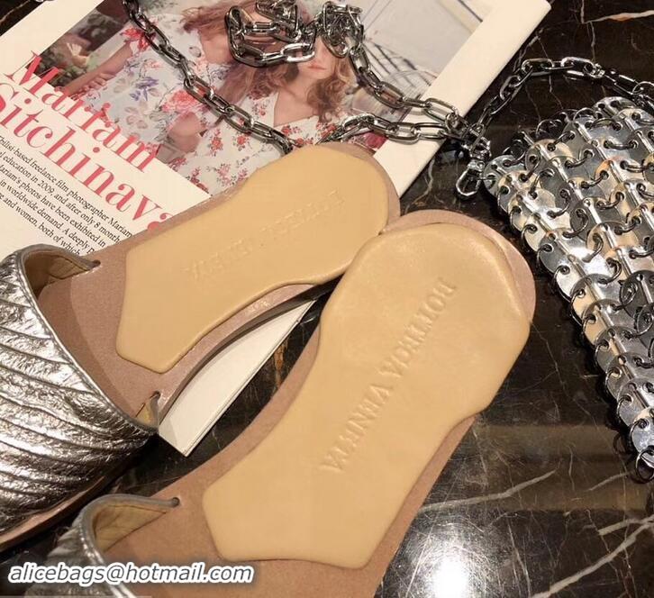 Pretty Style Bottega Veneta Square Tot Flat Slides Sandals Folded Leather 525761 Silver 2019