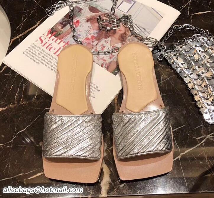 Pretty Style Bottega Veneta Square Tot Flat Slides Sandals Folded Leather 525761 Silver 2019