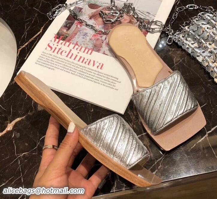 Pretty Style Bottega Veneta Square Tot Flat Slides Sandals Folded Leather 525761 Silver 2019