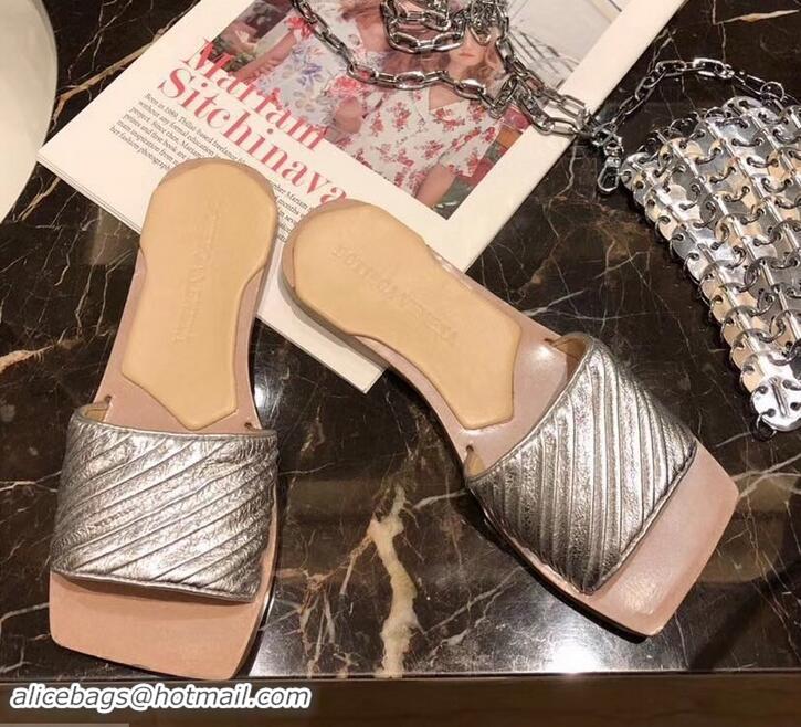 Pretty Style Bottega Veneta Square Tot Flat Slides Sandals Folded Leather 525761 Silver 2019