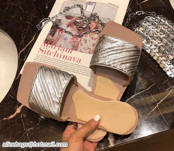 Pretty Style Bottega Veneta Square Tot Flat Slides Sandals Folded Leather 525761 Silver 2019